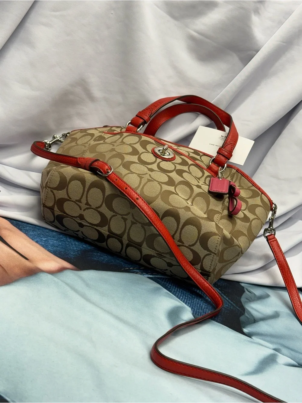 (new+tag) Coach Signature Khaki Crossbody Satchel Leather Trim Size 12 x 7 inch - Picture 8 of 11